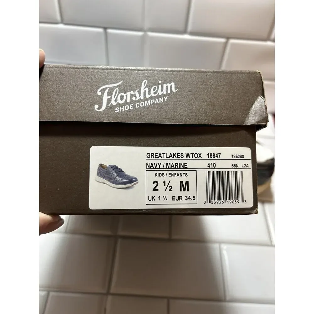 Florsheim Kids Great Lakes Jr Wingtip Oxfords Boys Size 2 1/2 M Navy Blue Laces
